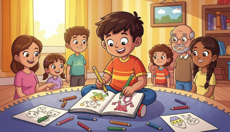 cartoon illustration of a boy with a magical pencil – moral story for kids