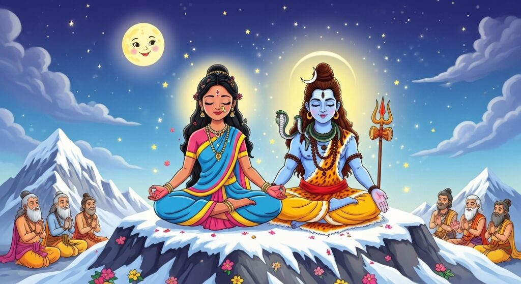 Cartoon illustration of Lord Shiva and Goddess Parvati wedding on Mahashivratri for kids story