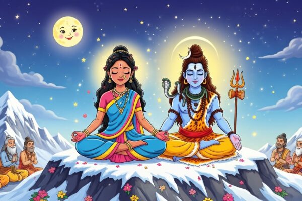 Cartoon illustration of Lord Shiva and Goddess Parvati wedding on Mahashivratri for kids story