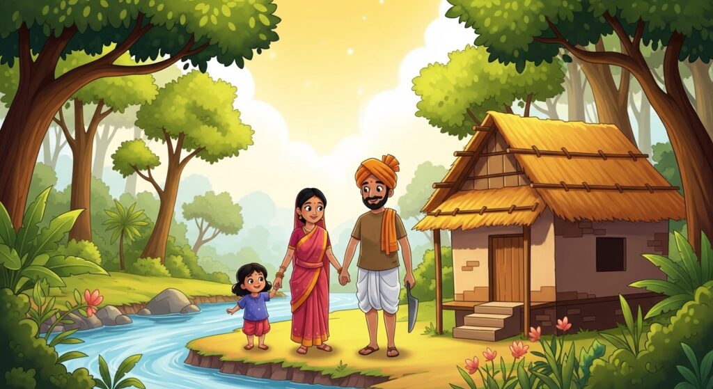 Honest woodcutter with family near river in Indian village cartoon illustration