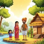 Honest woodcutter with family near river in Indian village cartoon illustration