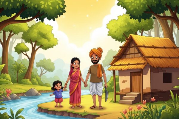 Honest woodcutter with family near river in Indian village cartoon illustration