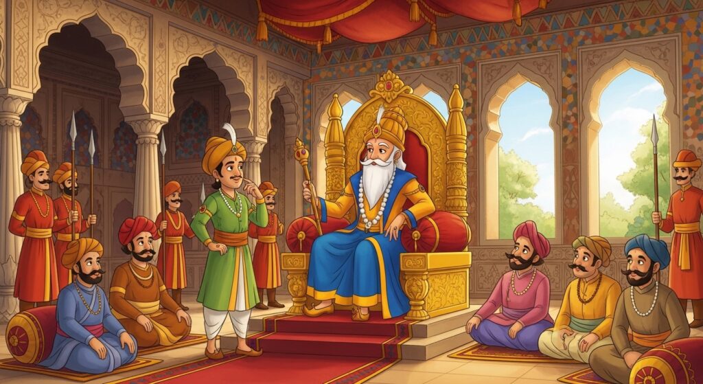 Birbal giving justice in royal court moral story cartoon illustration for kids