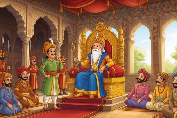 Birbal giving justice in royal court moral story cartoon illustration for kids